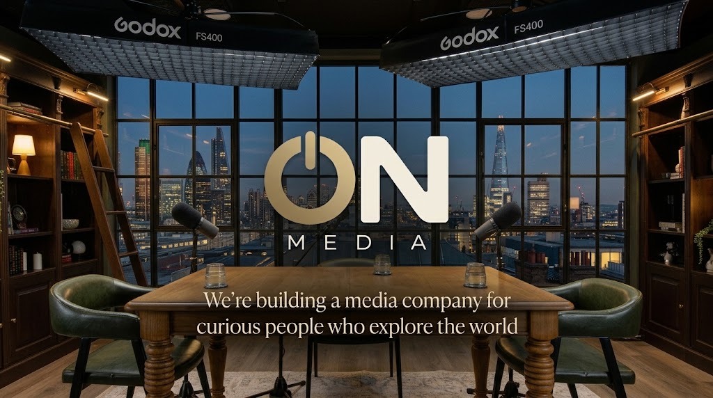 The ON Media logo over a book-lined podcast studio looking out across the London skyline at dusk, with the line: We’re building a media company for curious people who explore the world.